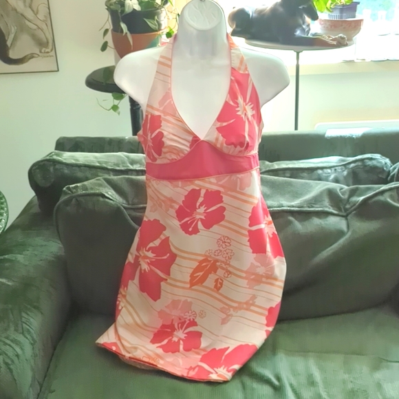 Dresses & Skirts - Pink & White Floral Reversible Halter Tie Mini Dress